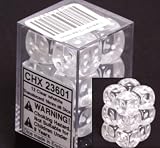 Translucent 16mm d6 Clear w/White Dice Block 12 pipped dice