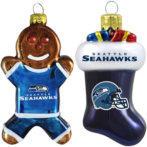 NFL Seattle Seahawks Blown Glass Gingerbread Man & Stocking Ornament 2-Pack