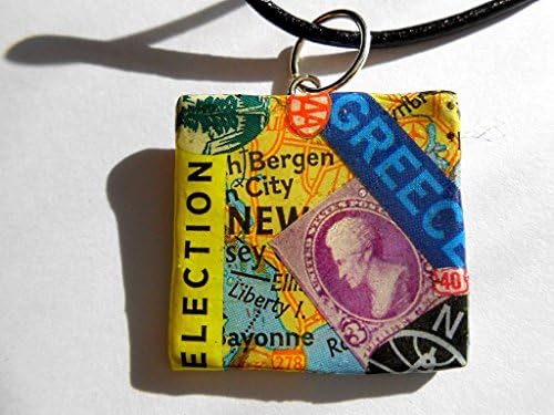 Necklace with Original Map Stamp Decoupage Pendant