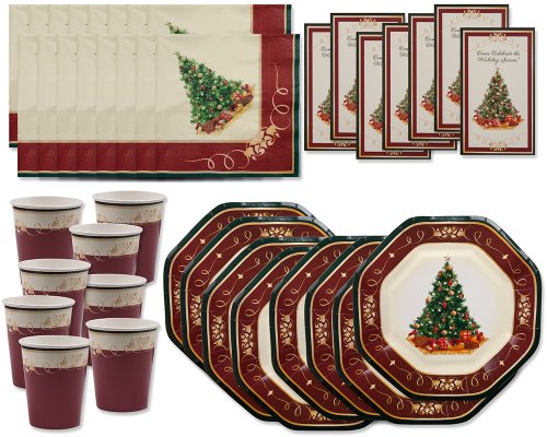 Beautiful Christmas Tree Party Pack (40 Pc); Christmas Tree Dinner Plates, 9 Oz. Cups, Lunch Napkins & Invitations; Serves 8