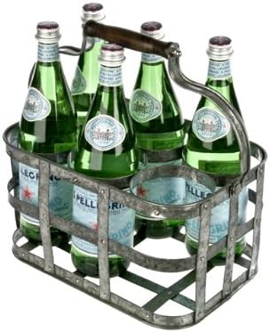 Vintage Inspired Galvanized Zinc Bottle Carrier with Wood Handle