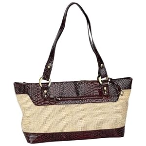 Tan Woven Handbag with Brown Croco Trim
