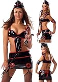 Sexy Military Nurse Costume Shiny Dress Uniform Black Red Mini Skirt