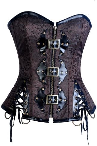 Corset Super Store Women's Brown Brocade Corset with Black Faux Leather and Lace up detail 24-Fits Natural Waist 28"-29"