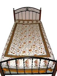 Indian Bedding White Asian Decor Floral Print Twin Cotton Bedspread Throw