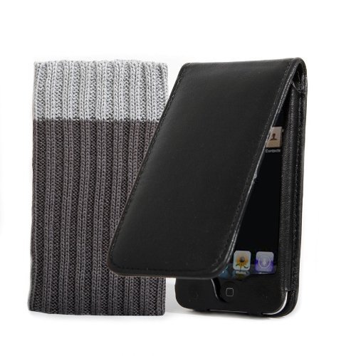 4G Touch Luxury Black Genuine Leather Flip Case Cover & Screen Protector for New Apple iPod Touch 4th Generation - 8GB 32GB 64GB