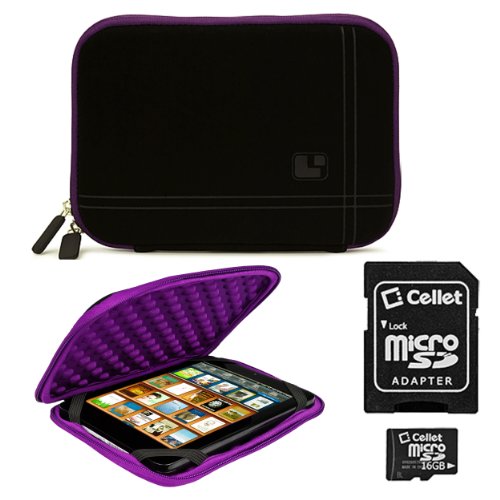 Black with Purple Trim Smart Aero Protection Design Slim Soft Suede Cover Carrying Sleeve Case with Extra Accessory Back Pocket Pandigital Novel 7 inch Multimedia Color eReader Android OS Tablet + Includes 4-inch ebigvalue Determination Hand Strap + Micro 16 GB Flash Memory Card with MicroSD Adaptor