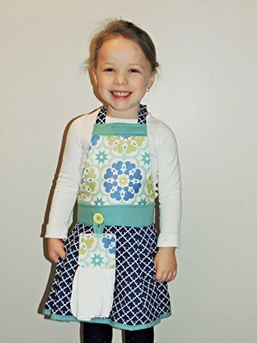 Apron by The Bedford Life: Kids / Girls S M L (Age 2-13 ) Blue &amp; Green floral medallion design with Navy geometric pattern (Style: Bernadette) 100% Cotton: Mommy &amp; Daughter available