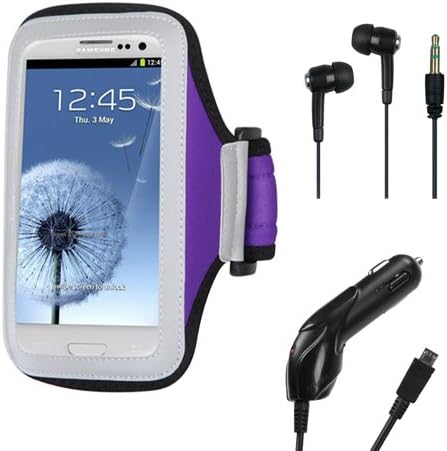 Premium Durable Workout Running Adjustable Neoprene Comfortable lightweight Armband with In-Ear Headphone MP3 Earbuds and Travel Car Charger (microUSB) Fits HTC One M7 / Google Nexus 4 / Samsung Galaxy Note 2 / Samsung Galaxy S4 / Samsung Galaxy S3 / Nokia Lumia 810, 822, 900, 920 / Motorola Droid RAZR M, RAZR HD, RAZR MAXX HD (Purple)