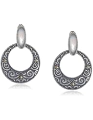 Sterling Silver Oxidized Marcasite, White Shell and Crystal Filigree Round Drop Earrings