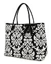 Belvah Quilted Damask Print Large Tote Bag - Black & White (18 x 14.5 x 7)