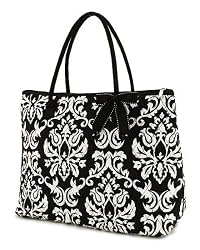 Belvah Quilted Damask Print Large Tote Bag - Black & White (18 x 14.5 x 7)