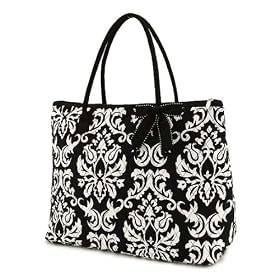 Belvah Quilted Damask Print Large Tote Bag - Black & White (18 x 14.5 x 7)