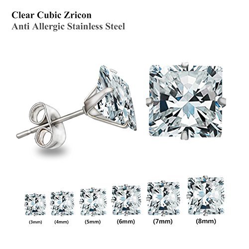 LuxuSteel Cubic Zirconia Stud Earrings Stainless Steel 3 to 8mm 6 Pairs Per Set,Square or Round Shape