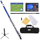 Mendini MFE-BL Key of C Blue Flute + 1 Yr Warranty, Case, Tuner, Stand, Cleaning Rod & Cloth, Joint Grease, & a Pair of Gloves
