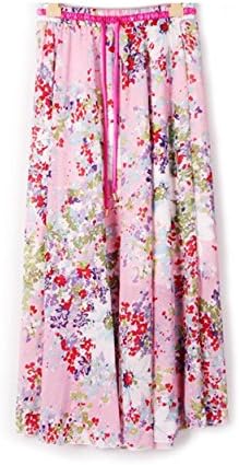 Kaxuyiiy Women's Chiffon Bohemia Floral Elastic Waist Maxi Long Pleated Skirt (Pink Tiny Flowers)