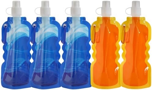 5pcs Reusable, Collapsible, Foldable Water Bottles BPA Free (5pcs Set: 3Blue Wave, 2 Orange)