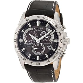 Citizen Men's Eco-Drive Chronograph Watch AT4000-02E with a Black Dial and a Black Leather Strap