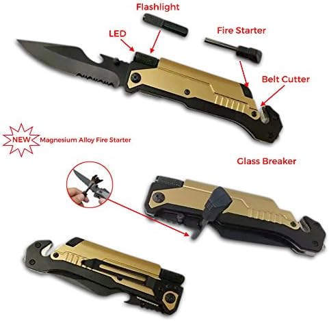 Best Spring Assisted & Credit Card Knife Camping Survival & Pocket Knives Reliable Search & Rescue Tool Includes Flashlight Window Breaker Seatbelt Cutter Fire Starter Bottle Opener and Belt Clip