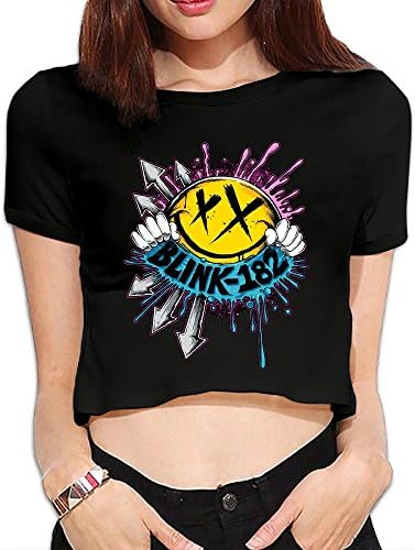SAIMEI Women's Blink 182 Deck Smiley Logo Short Sleeve Crop Top Shirt Black