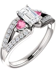 14K White Gold Emerald Cut Diamond and Pink Sapphire Ring -- LIFETIME WARRANTY