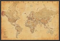 World Map Vintage Style Poster Dry Mounted Wood Framed, 24x36.
