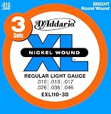 D'Addario EXL110 Nickel Regular Light Electric Guitar Strings, 3-Pack