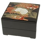 Kotobuki 2 Tiered Jubako Lacquer Box with Japanese Fan Design