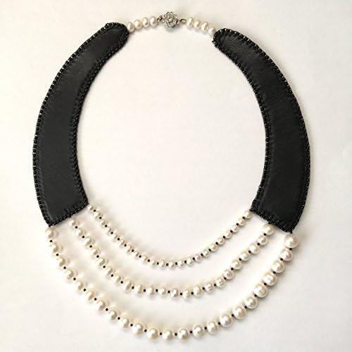 Leather Necklace Statement Bib Collar Tree Strand Pearl Necklace Multi strand Unique Black and White Classic Women Handmade Jewelry