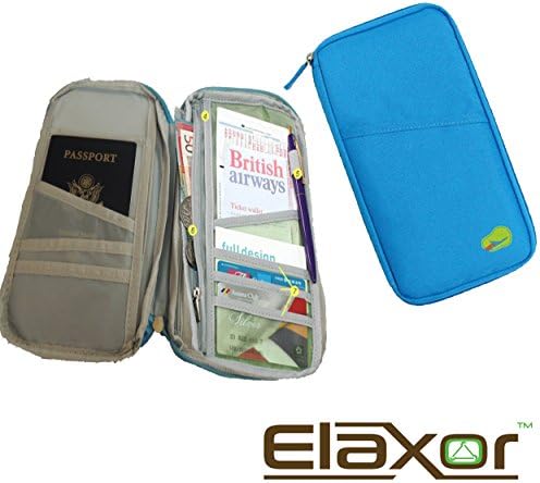 ElaxorTM Compact Waterproof Multi-Functional Zippered Passport, cards, cash and Travel Document Organizer Wallet Case (Blue)