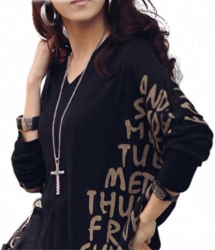 Bepei® Women's Personalized Loose V-neck Cotton Batwing Sleeves Letter Top Tee Shirt Blouse BLACK