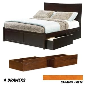 Miami Platform Bed King with Flat Panel Foot Board and 4 Flat Panel Bed Drawers (Caramel Latte) (47.25\”H x 79.875\”W x 84\”D)
