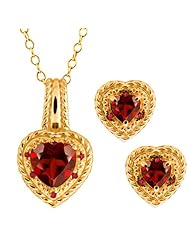 3.90 Ct Heart Shape Red Garnet Gemstone 18k Yellow Gold Pendant Earrings Set