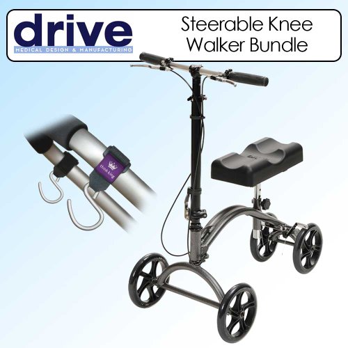 Drive Medical DV8 790 Steerable Knee Walker Bundle With 2-Pk Mighty Buggy Hook