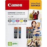 Canon PG-220BK Black, CL-221BK Black, CL-221C Cyan, CL-221M Magenta and CL-221Y Yellow Ink Cartridges - Combo Pack (2945B005)