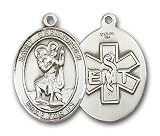 Sterling Silver St. Christopher / EMT Pendant with Stainless Silver Heavy Curb Chain 24 inch
