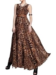 Belted Sleeveless Chiffon Leopard Print Evening Dress/Tunic/Maxi Dress 