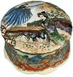 Hand painted round chinese porcelain trinket box with lid - gold filigree design with oriental musicians