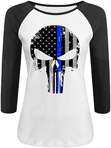 ONESEDA Women's Thin Blue Line Punisher 3/4 Sleeve Baseball T Shirt