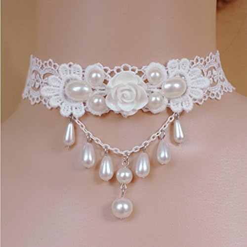 LF® Retro White Pearl Lace Wedding Bridal Choker Necklace & Dangle Earrings T025