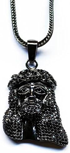 Mega Jewellery Black CZ 1.5" Mini Jesus Piece Pendant w 32 inch Franco Chain High Quality