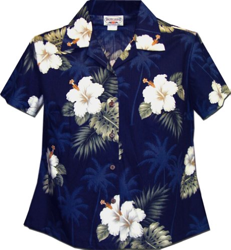 Ladies Aloha Shirts Hibiscus Island Navy