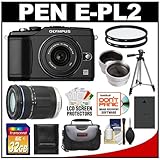 Olympus Pen E-PL2 Micro 4/3 Digital Camera & 14-42mm & 40-150mm Lens (Black) with 32GB Card + Battery + Case + Tripod + (2) Filters + Wide Angle & Telephoto Lens Kit