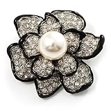 Bridal Faux Pearl Crystal Flower Brooch (Silver-Tone)