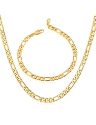 Jewelry: Mens 18k Gold Plated Italian Solid Figaro Chain Necklace & Bracelet Set - U7 Fashion Jewelry