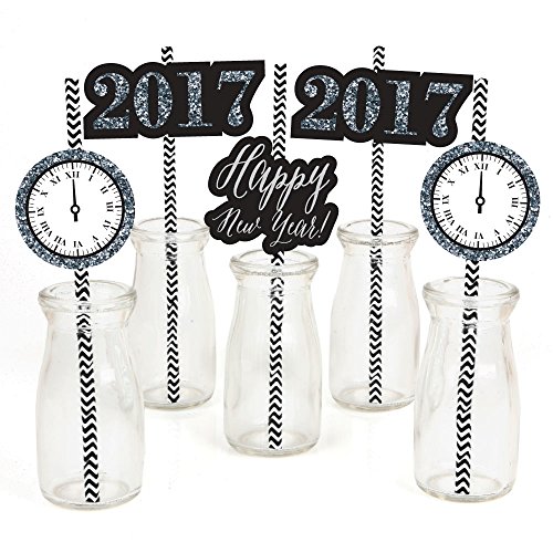 New Year's Eve - Silver - New Years Eve Party Straw Decor with Paper Straws - Set of 24