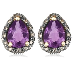 14k Yellow Gold 8x6 Pear-Shaped Amethyst and Brown Diamond Earrings Set in Black Rhodium (1/4 cttw)