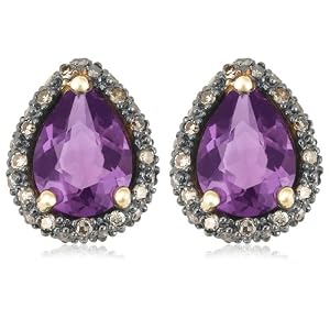 14k Yellow Gold 8x6 Pear-Shaped Amethyst and Brown Diamond Earrings Set in... by
