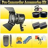 Professional Video Light with Halogen Bulb and Safety Shield (300 Watt) + Wide Angle Lens, Telephoto Lens, Filter Kit, 2x Batteries, Battery Charger, 5X Mini DV Tapes + DV Headcleaner Tapes & Digital Cleaning Kit For The Panasonic Pro AG-DVC7, DVC20, DVC30, DVX100, HVX200 Mini Dv Camcorders