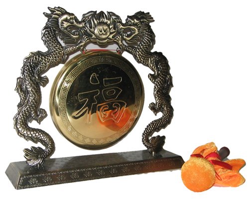 Chinese brass good fortune gong with dragon stand and mallet